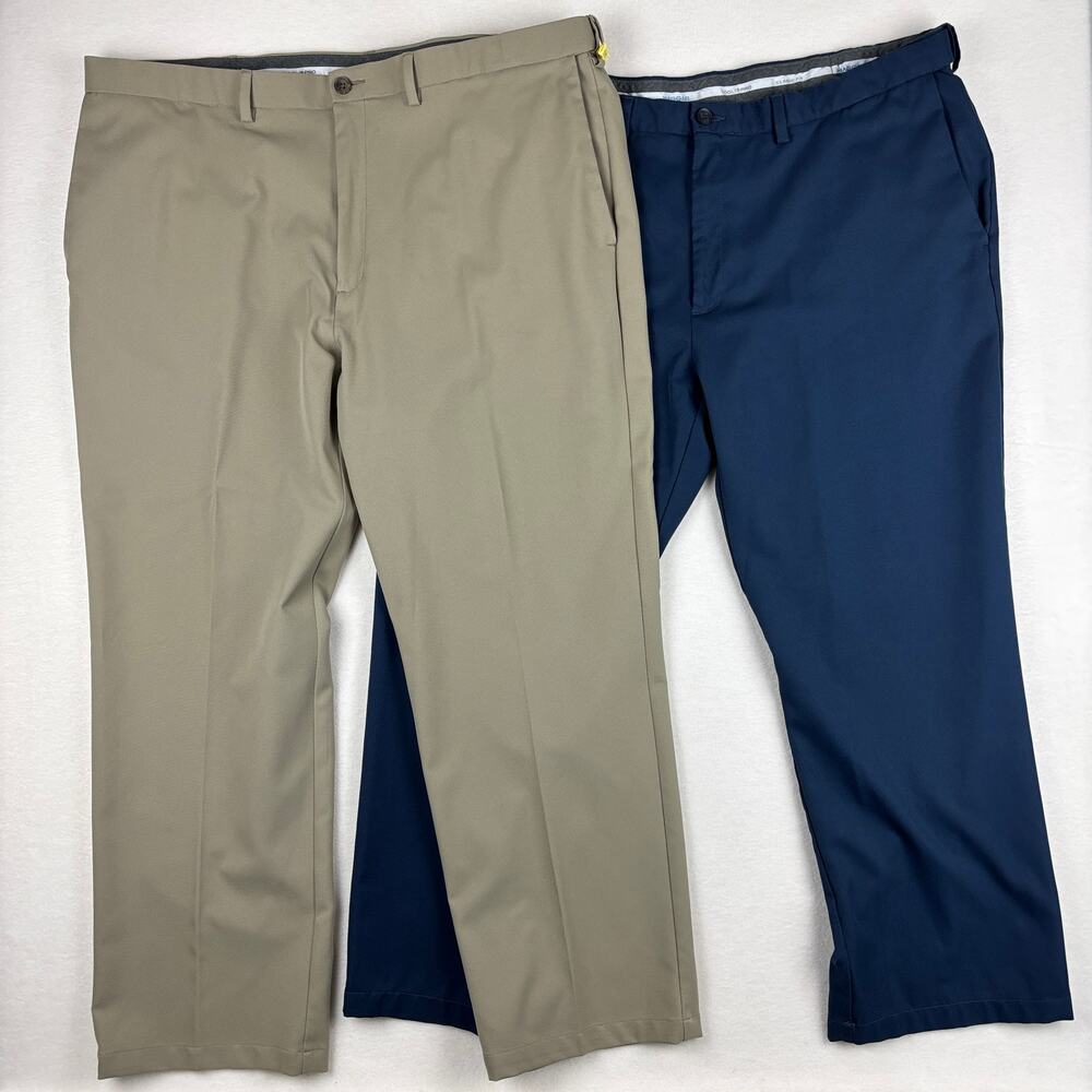 Haggar Cool 18 Pro Classic Fit Flat Front Dress Pants 44x30, 2 pair tan blue